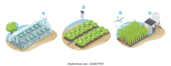 símbolos de concepto de hueso de granja inteligente bomba de agua de célula solar y sistema de cultivo de drones ecología para el diagrama agrícola isométrico