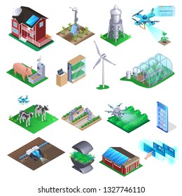 Smart Farm Isometric Element Set. Future Innovation Plant Industry. Robot Management for Seedlings Growing via Control Panel at Home. Agriculture Technology Equipment. Solar Panel, Drone, Wind Power.