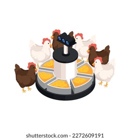 Smart farm isometric icon with chicken eating grains from feeding station equipped with camera 3d vector illustration