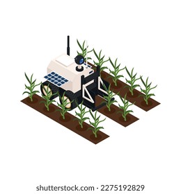 Smart farm isometric icon with robotic harvester equipped with solar panels and camera 3d vector illustration