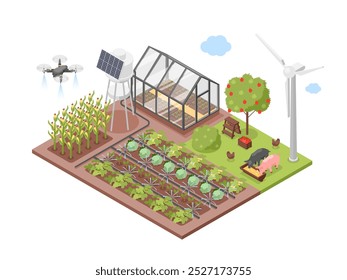 Intelligente Farm isometrische Szene. Landwirtschaftlicher Komplex mit moderner Solaranlage, Windmühle und Drohne für die Bewässerung. Moderne Technologien in der Landwirtschaft makelloses Vektorkonzept