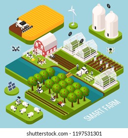 Smart farm isometric set with agriculture symbols isometric isolated vector illustration