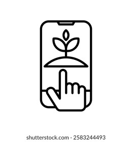 smart farm line icon, Hand pointing at a smartphone screen with a plant icon, suitable for environmental apps, ecofriendly websites, and sustainable technology concepts.