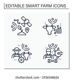 Smart farm line icons set. Consist of machinery technician, animal breeder, RFID animal identification.Agricultural innovation concepts.Isolated vector illustrations. Editable stroke