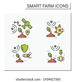 Smart farm line icons set. Consist of IOT sensors, soil tilling, CCTV, pests and weeds elimination.Agricultural innovation concepts.Isolated vector illustrations. Editable stroke