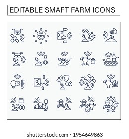 Smart farm line icons set. Consist of IOT sensors, soil tilling, planting seeds, harvesting, agronomist, CCTV.Agricultural innovation concepts.Isolated vector illustrations. Editable stroke