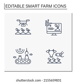 Smart farm line icons set. Digital technologies in agriculture. Monitoring plants and domestic animals by CCTV camera. Business concept. Isolated vector illustrations. Editable stroke