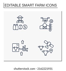 Smart farm line icons set. Digital technologies in agriculture. Sell dairy products. Monitoring plants and domestic animals by drones. Business concept. Isolated vector illustrations.Editable stroke