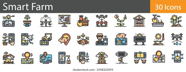 Smart Farm Line Icons Set. Collection of 30 outline icons representing modern agriculture, IoT farming, and precision farming technology. vector illustration.