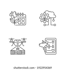 Smart farm linear icons set. Irrigation scheduling. Cloud computing. Drone mapping. Electronic system. Customizable thin line contour symbols. Isolated vector outline illustrations. Editable stroke