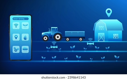 Smart Farm, a mobile phone that controls the operation of agricultural farms Measure the growth of production, take care of crops, and temperature Bring technology in to help with farming. Vector