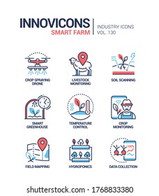 Smart farm - modern colorful line design style icons. Technologies in agriculture industry. Crop spraying drone, livestock monitoring, soil scanning, temperature control, field mapping, hydroponics