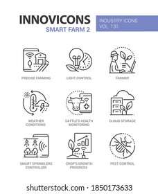 Smart farm - modern colorful line design style icons. Technologies in agriculture industry. Light control, farmer at the laptop, cattle health monitoring, crop growth progress, pest control images