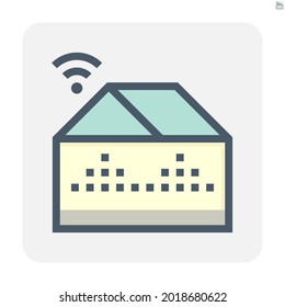 Smart farm in modern greenhouse vector icon. Consist of building, water spray. Agricultural industry to control, monitoring by ai, digital technology via tablet, smartphone.