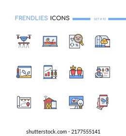 Intelligente Farm - moderne Design-Stil-Symbole. Farbige Bilder von Bewässerungsdrohne, Laptop, Smartphone, Thermostat, Barnhouse, Erntestatistiken und Gewächshaus. Ferne Anlagensteuerung