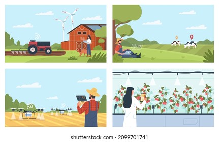 Smart farm people. Digital irrigation with quadcopters, agriculture innovation, farmers use gadgets, mobile management, modern technology, man and woman in countryside vector isolated set