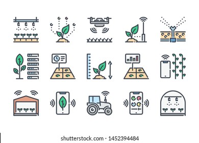 Smart farm related color line icon set. Farm technologies colorful linear icons. Food and farming science flat color outline vector sign collection.