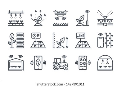 Smart farm related line icon set. Farm technologies linear icons. Food science outline vector signs and symbols collection.