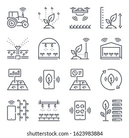 Smart farm related line icon set. Farm technologies linear icons. Food science outline vector signs and symbols collection.