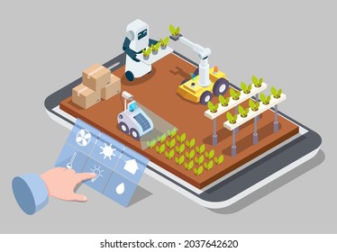 Smart farm, remote control greenhouse with robot machines on smartphone screen, flat vector isometric illustration. Internet of things, artificial intelligence technologies in agriculture.