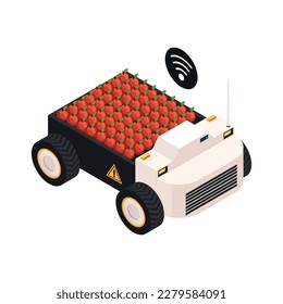 Vehículo controlado remoto de granja inteligente para el transporte de cultivos Icono isométrico 3d ilustración vectorial