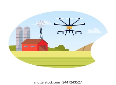 Smart Farm-Szene. Flache landwirtschaftliche Illustration mit Hangar und Feld, die eine fliegende Drohne zeigt, die die Ernte überwacht. Visualisierung moderner Anbaumethoden. Flacher, isolierter Aufkleber.