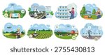 Smart farm set with drones, robots and crops in flat style on white background showing agriculture concept. Vector illustration