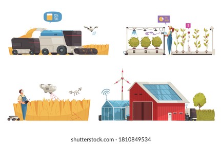 Conjunto de fincas inteligentes con composiciones aisladas de vehículos automatizados y soluciones agrícolas modernas con ilustraciones vectoriales de energía limpia
