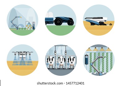 Smart farm set. Modern greenhouse with robotic arm, autonomous tractor and harvester, drone-sprayer, automated milking and vertical gardening. Agriculture 4.0. Vector illustration EPS 10