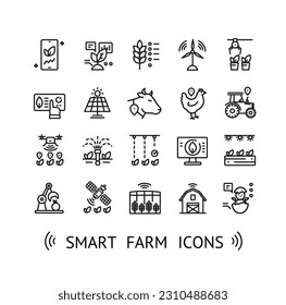 Smart Farm Sign Black Thin Line Icon Set Include of Irrigation Element and Cow. Vector illustration of Icons