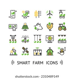 Smart Farm Sign Color Thin Line Icon Set Include of Smartphone, Barn and Chicken. Vector illustration of Icons