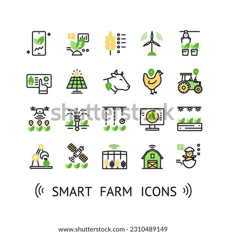 Smart Farm Sign Color Thin Line Icon Set Include of Smartphone, Barn and Chicken. Vector illustration of Icons