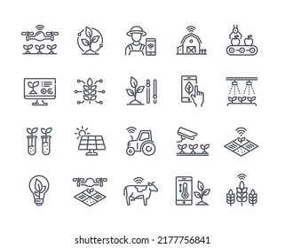 Smart farm simple line icon set. Innovative technologies for managing farm or agriculture. Automatic watering of plants and harvesting. Cartoon flat vector collection isolated on white background