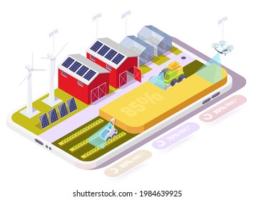 Smart farm in smartphone, flat vector isometric illustration. Wireless remote control. Internet of things technologies in agriculture. Smart farming industry.