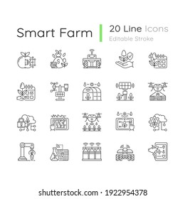 Smart farm system linear icons set. Innovation technology. Industry automatization. Agrotechnology. Customizable thin line contour symbols. Isolated vector outline illustrations. Editable stroke