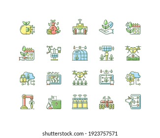 Smart farm system RGB color icons set. Innovation technology. Industry automatization. Digital agrotechnology. Isolated vector illustrations