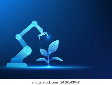 Smart farm technology background that uses artificial intelligence or AI. Machinery is used in farming. To help develop quality and increase productivity,  Mechanical arm growing plants