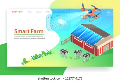 Smart Farm Technology. Drone Control. Isometric Design of Landing Page. Measurement and Automation Farming Elements. Innovation Organic Milk Production and Cow Growing. Solar Energy Panel.