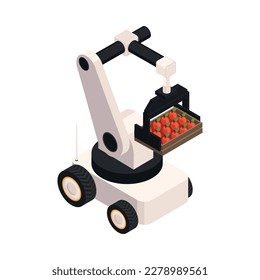 Smart farm technology isometric icon with robotic machine carrying crate with harvest 3d vector illustration