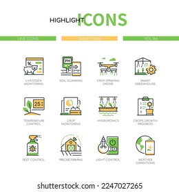 Estructura inteligente y tecnología - conjunto de iconos de diseño de línea. Exploración del suelo, riego con drones, invernadero, control de pesticidas, condiciones climáticas y ganado doméstico. Idea de la vida rural