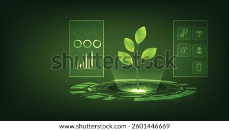 Smart farm technology.Mobile phone where technology is used to control production growth, crop care, Solar cell, water.
