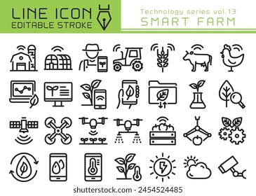 Smart farm vector icon set. Editable line stroke.