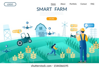 Smart Farm Vector Website Template, Web Page And Landing Page Design For Website And Mobile Site Development. Unmanned Aerial Vehicles Drones, Iot Smart Farming Technology In Agriculture.