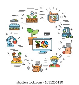 Smart farm web banner. Agricultural management. Infographics with linear icons on white background. Creative idea concept. Isolated outline color illustration.