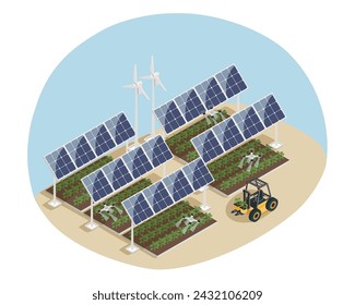 Granja inteligente con turbinas eólicas, paneles solares y agrodrones. Ilustración vectorial isométrica. 