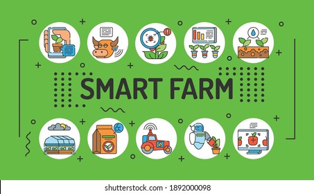 Smart farm word lettering typography. Infographics with linear icons on green background. Creative idea concept. Isolated outline color illustration.