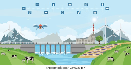 Explotación inteligente.Drones agrícolas para el control de la producción agrícola, el procesamiento y el centro logístico para el cultivo de hortalizas, la ilustración vectorial.