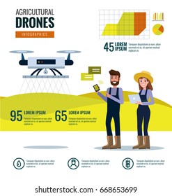 Smart farmer and agricultural drones infographics. Farm Data analysis and management concept. flat design elements. vector illustration