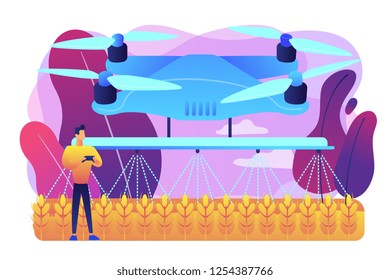 Smart farmer controlling agriculture drone spraying or watering crops. Agriculture drone use, precision farming, new agriculture trend concept. Bright vibrant violet vector isolated illustration