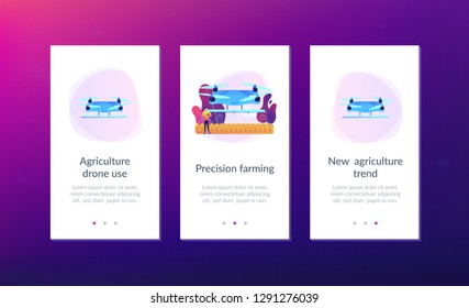 Smart Farmer Controlling Agriculture Drone Spraying Or Watering Crops. Agriculture Drone Use, Precision Farming, New Agriculture Trend Concept. Mobile UI UX GUI Template, App Interface Wireframe